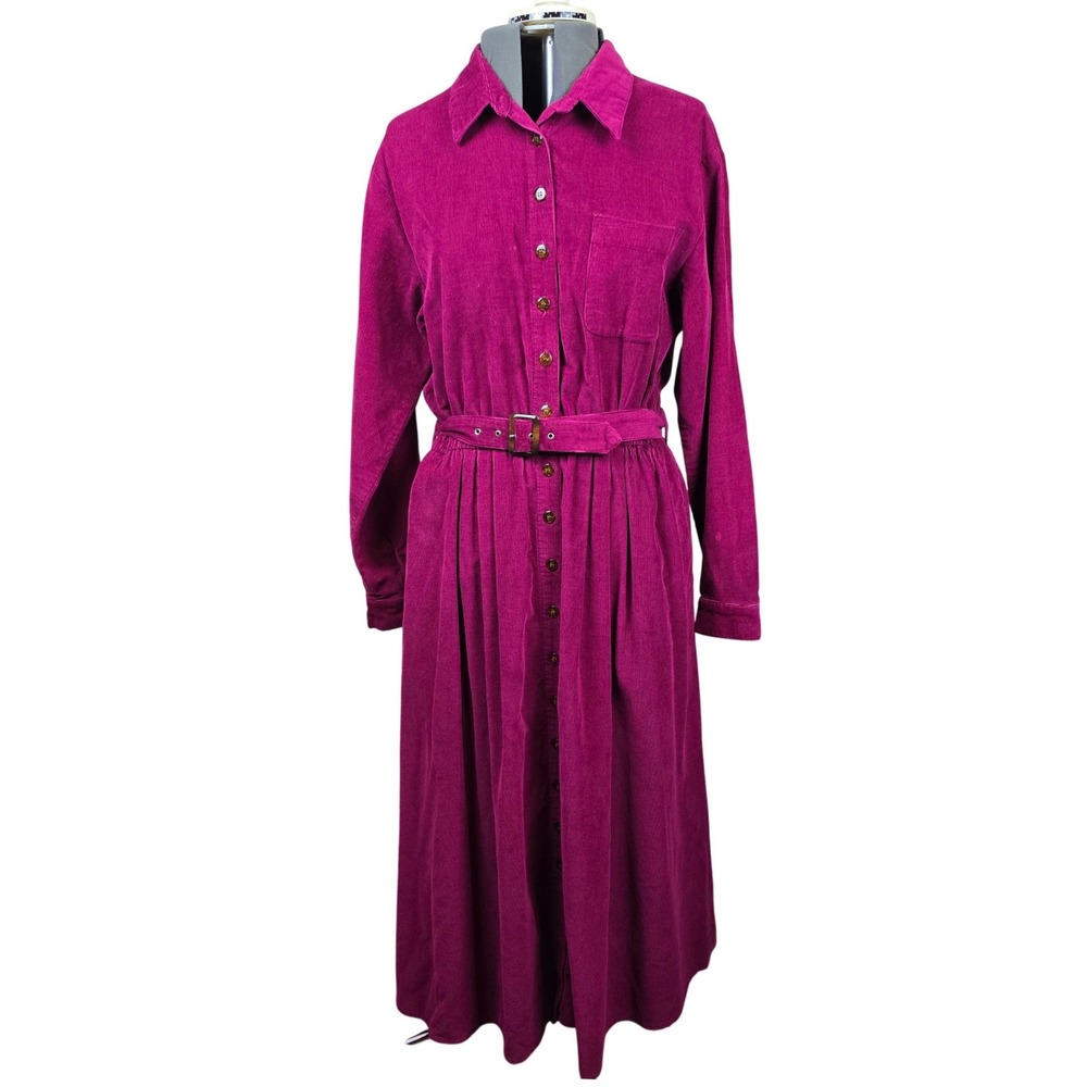 Vintage Bedford Fair Magenta Pink Corduroy Shirt Dress Belted Size 14 Hong Kong